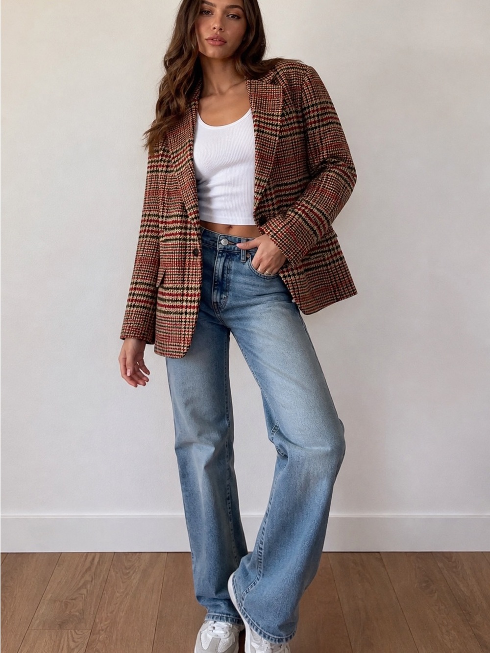 Plaid Single-Breasted Blazer in Rust Plaid